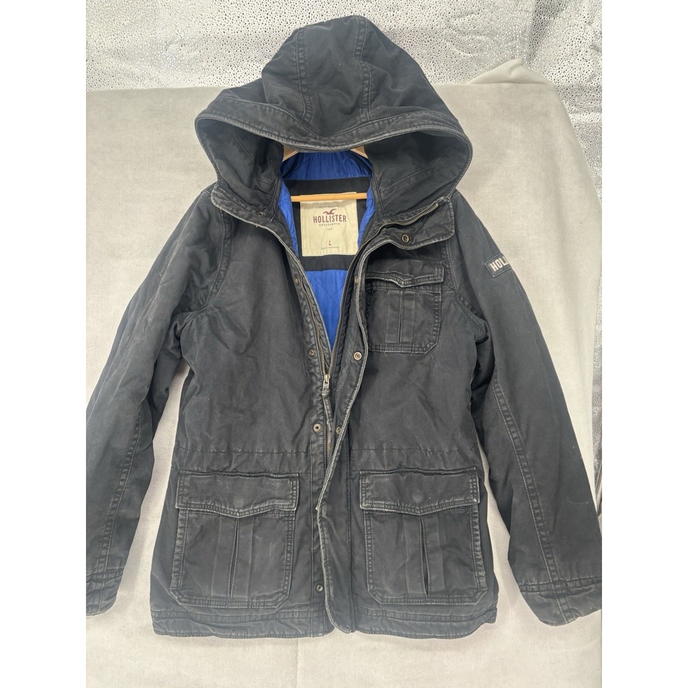 Vtg Y2K Men's Hollister Distressed Jacket/Coat/Parka Grunge Black Fade Arm Patch